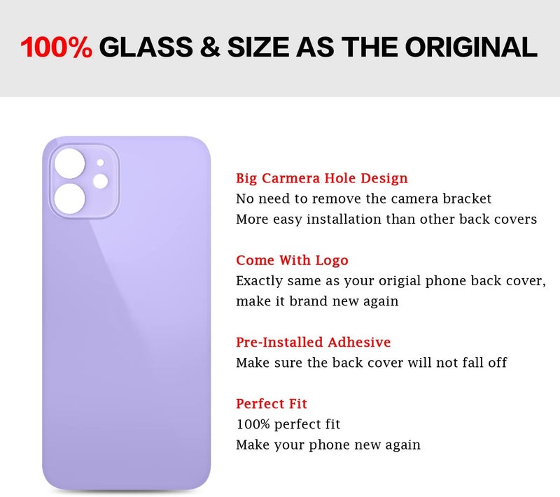 UooFide Rear Back Screen Glass Replacement Cover Compatible with iPhone 12 6.1-Inches All Carriers (Purple) - Image 5