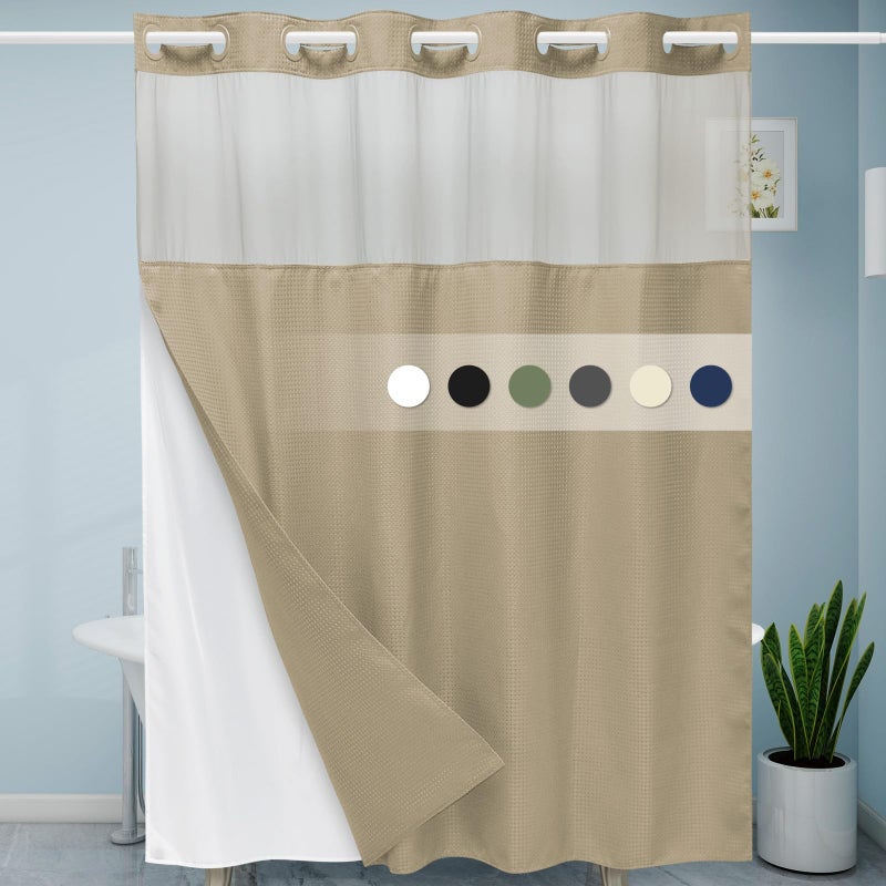 EUTXL Beige لا توجد ستارة دش الخطاف مع SNAP في بطانة 230GSM الستائر دش Waffle Waffle للحمام 71W × 74H - Image 1