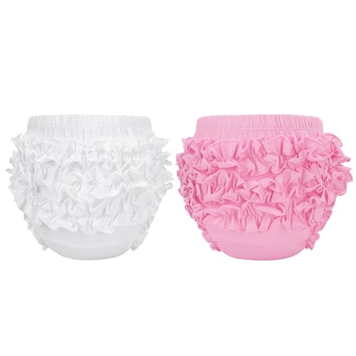 Durio Baby Bloomers - Ruffle Diaper Covers for Girls, Cotton Infant Under Dress Shorts, Cute Underwear for Newborn to Toddler White & Pink 12-24 Months - Image 1