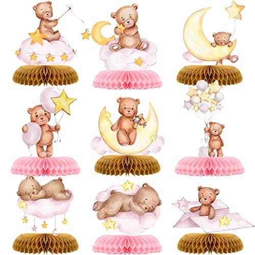 Tarklanda 9 Pcs Bear Baby Shower Honeycomb Centerpieces Party Decorate Pink Little Bear Balloons Paper Topper Honeycomb 3D Table Decoration for Kids Party Baby Shower Party Supplies - Image 1