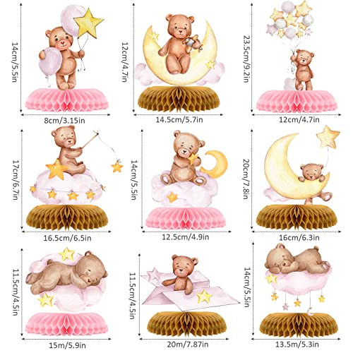 Tarklanda 9 Pcs Bear Baby Shower Honeycomb Centerpieces Party Decorate Pink Little Bear Balloons Paper Topper Honeycomb 3D Table Decoration for Kids Party Baby Shower Party Supplies - Image 5