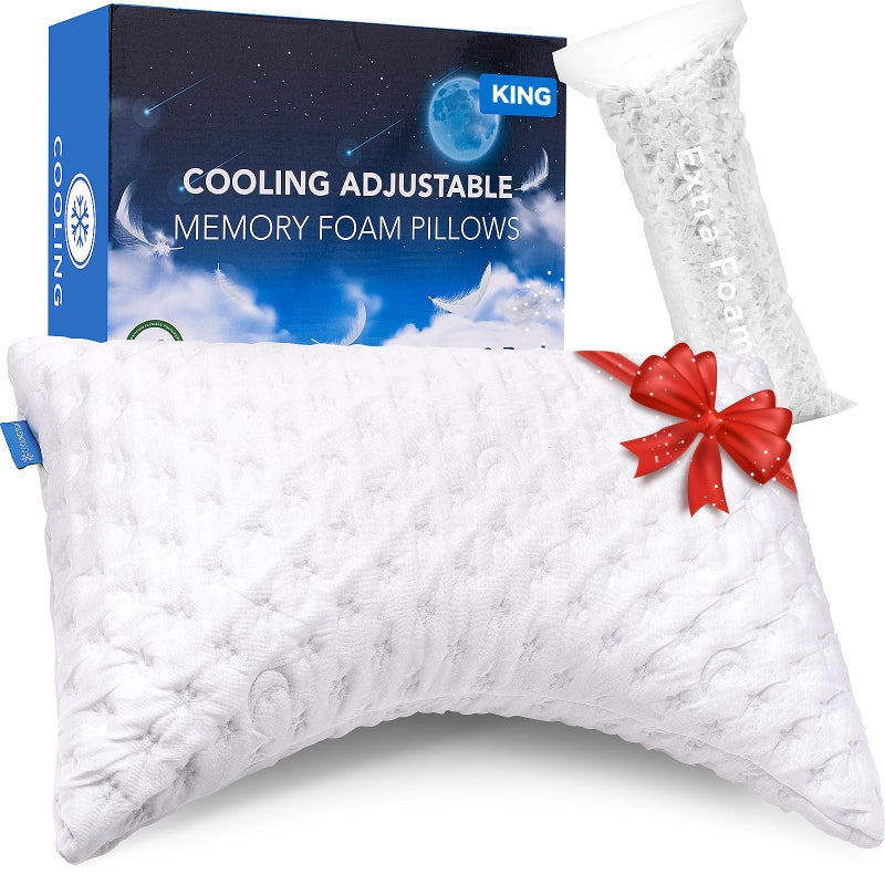 KUCEY Cooling Side Sleeper Pillow for Neck and Shoulder Pain Luxury Shredded Memory Foam Curved Bed Pillows for Sleeping Set of 1 Adjustable King Size Washable Cover Crescent White