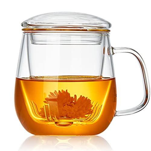 DOPUDO Glass Tea Cup with Infuser and Lid, 17.6oz/520ml Large Borosilicate Teacup,Tea Glass, Clear Mug for Loose Leaf Tea, Blooming Tea, Microwave & Dishwasher Safe - Tea Maker Gift for Birthday - Image 1