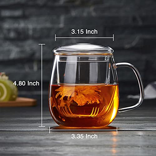 DOPUDO Glass Tea Cup with Infuser and Lid, 17.6oz/520ml Large Borosilicate Teacup,Tea Glass, Clear Mug for Loose Leaf Tea, Blooming Tea, Microwave & Dishwasher Safe - Tea Maker Gift for Birthday - Image 2