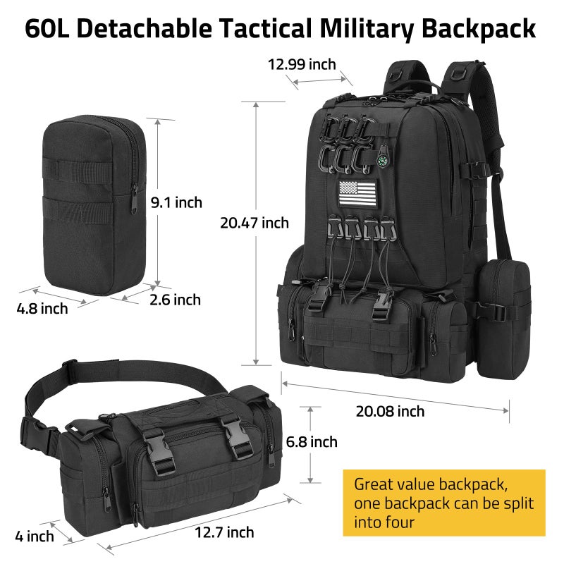 CVLIFE 60L Tactical Backpack for Men Women Military Large Army Rucksack With D-Ring Molle Clips Compass Accessories 3 Day Bug Out Survival Molle Bag Hiking Camping Gym Daypack Backpacks,Black - Image 3