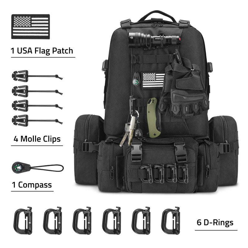 CVLIFE 60L Tactical Backpack for Men Women Military Large Army Rucksack With D-Ring Molle Clips Compass Accessories 3 Day Bug Out Survival Molle Bag Hiking Camping Gym Daypack Backpacks,Black - Image 2