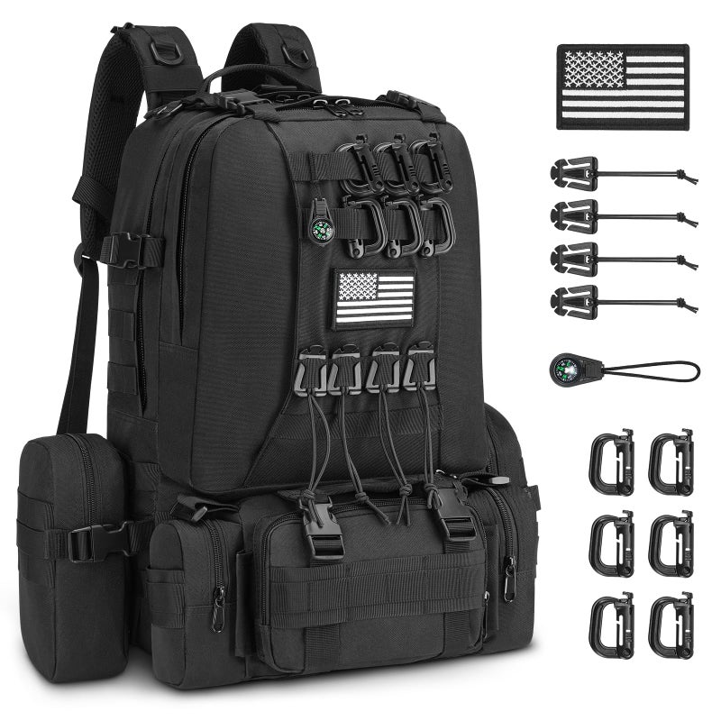 CVLIFE 60L Tactical Backpack for Men Women Military Large Army Rucksack With D-Ring Molle Clips Compass Accessories 3 Day Bug Out Survival Molle Bag Hiking Camping Gym Daypack Backpacks,Black - Image 1