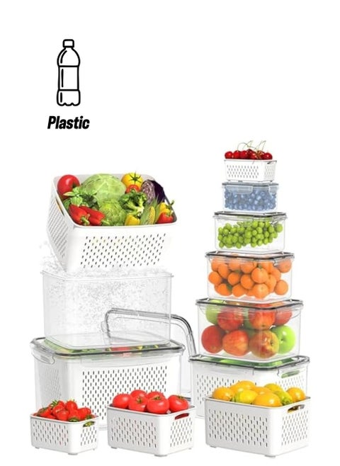 12 Piece Plastic Fridge Organizers and Storage Drain Food Container For Fruits Vehetables Berry Lettuce Salad | Leak-proof Airtight Food Storage Containers with Lids with Colanders, BPA-Free