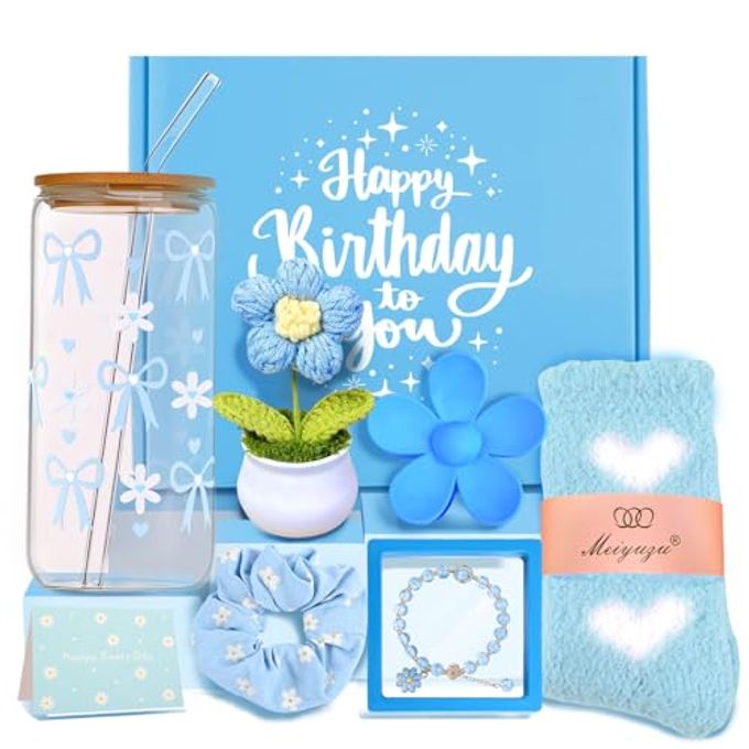 Kifredwo Gifts for Teen Girls Women Sister Friends Daughter Niece,Blue Teen Girl Birthday Gifts Trendy Stuff, 7 Pcs Cute Daisy Bow Glass Cups Easter Gift Basket for Teenage Girl
