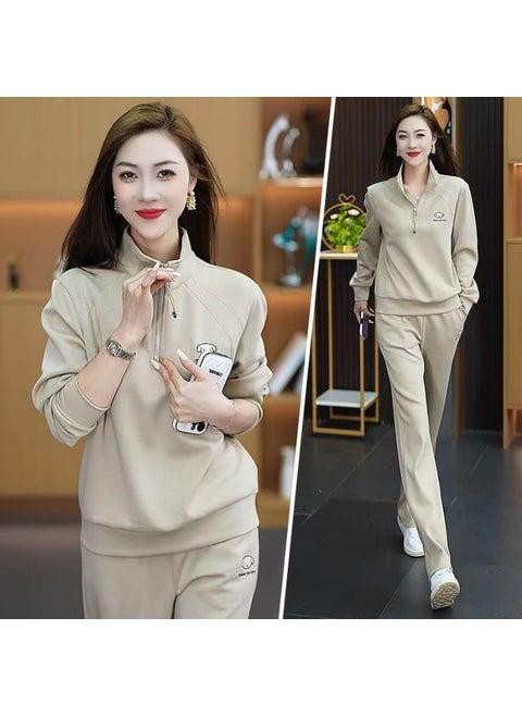 Plus Size Sports suit Womens 2024 New Spring and Autumn Fashion Stylish Half Zipper Vertical Collar Sweatshirt Running Two-piece Set Apricot