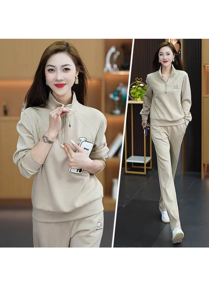Generic - Plus Size Womens Sport Suit 2024 New Spring Autumn Fashionable Stylish Half-Zip Stand Collar Sweatshirt Running 2-Piece Set Apricot - Image 1