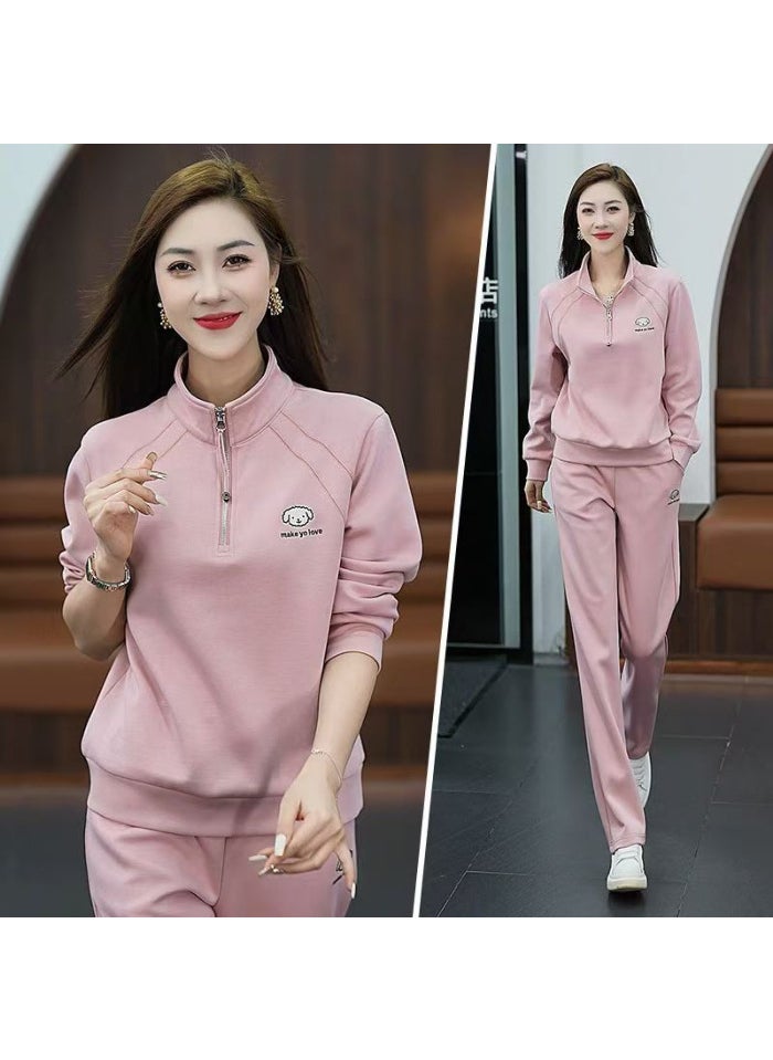 Generic - Plus Size Womens Sport Suit 2024 New Spring Autumn Fashionable Stylish Half-Zip Stand Collar Sweatshirt Running 2-Piece Set Apricot - Image 1