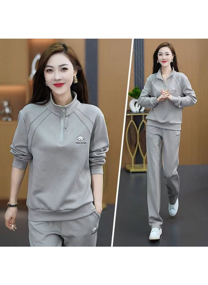 Generic - Plus Size Womens Sport Suit 2024 New Spring Autumn Fashionable Stylish Half-Zip Stand Collar Sweatshirt Running 2-Piece Set Apricot - Image 1