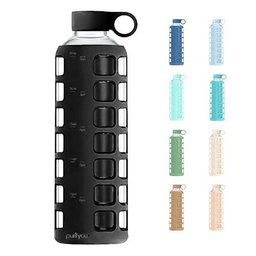 purifyou 40oz / 32oz / 22oz / 12oz Borosilicate Glass Water Bottle with Time & Volume Markers, Silicone Sleeve, Stainless Steel Lid | Reusable Glass Bottle for Water & Juice (40oz Jet Black) - Image 1