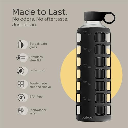 purifyou 40oz / 32oz / 22oz / 12oz Borosilicate Glass Water Bottle with Time & Volume Markers, Silicone Sleeve, Stainless Steel Lid | Reusable Glass Bottle for Water & Juice (40oz Jet Black) - Image 4