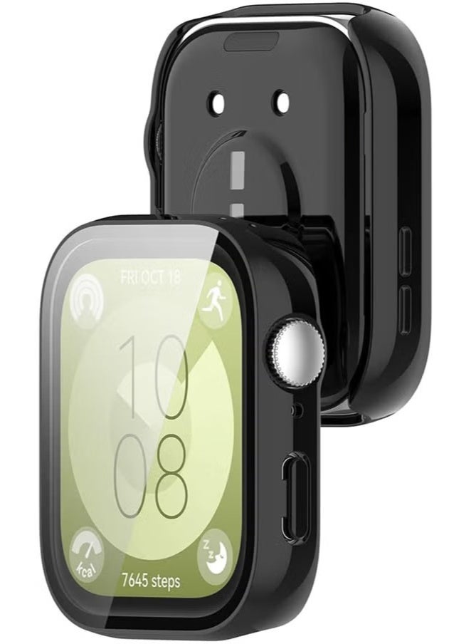 اليشمك غطاء صلب لساعت Huawei Fit 3 مصنوع من مادة البولي كربونات مع واقيات شاشة زجاجية مقسّاة، غطاء واقي كامل (أسود) - Image 2