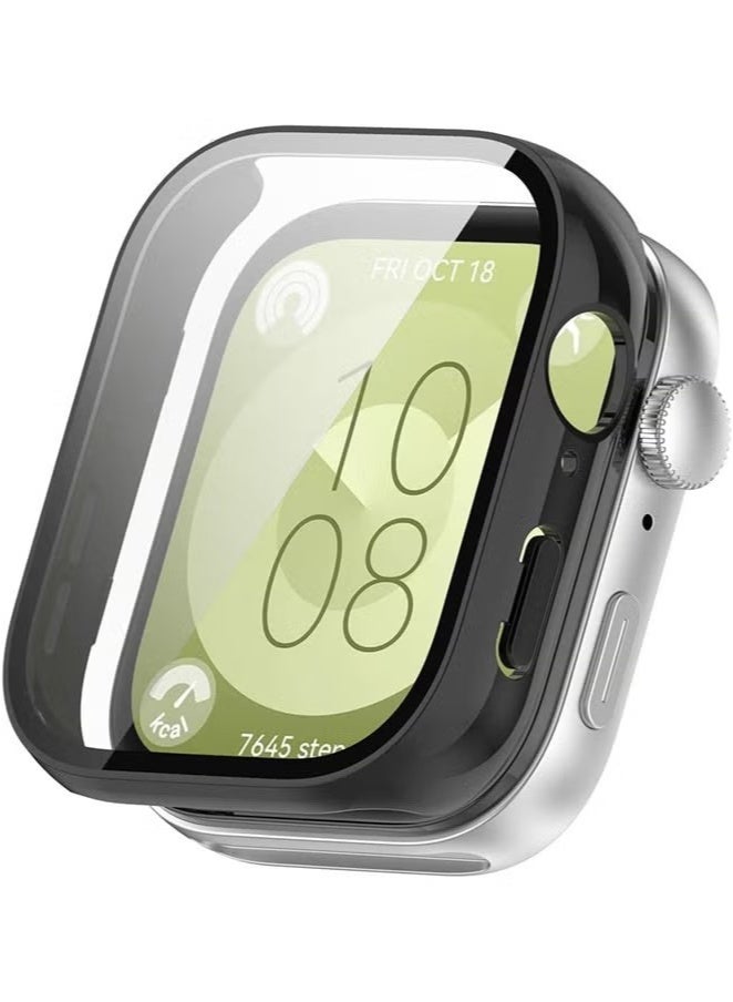 اليشمك غطاء صلب لساعت Huawei Fit 3 مصنوع من مادة البولي كربونات مع واقيات شاشة زجاجية مقسّاة، غطاء واقي كامل (أسود) - Image 4