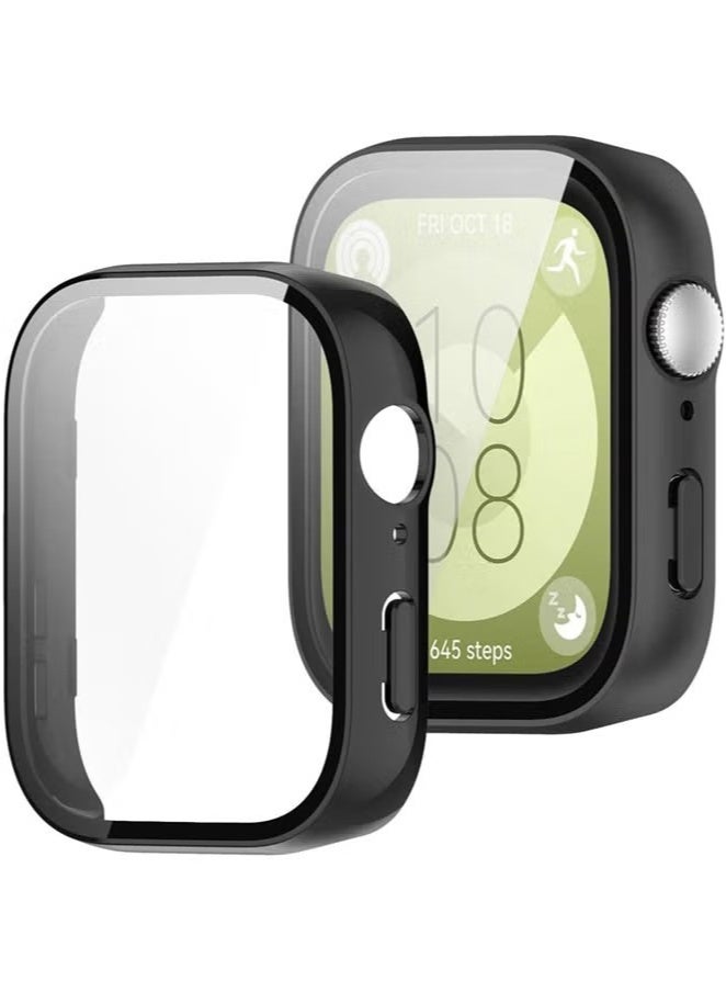 اليشمك غطاء صلب لساعت Huawei Fit 3 مصنوع من مادة البولي كربونات مع واقيات شاشة زجاجية مقسّاة، غطاء واقي كامل (أسود) - Image 3