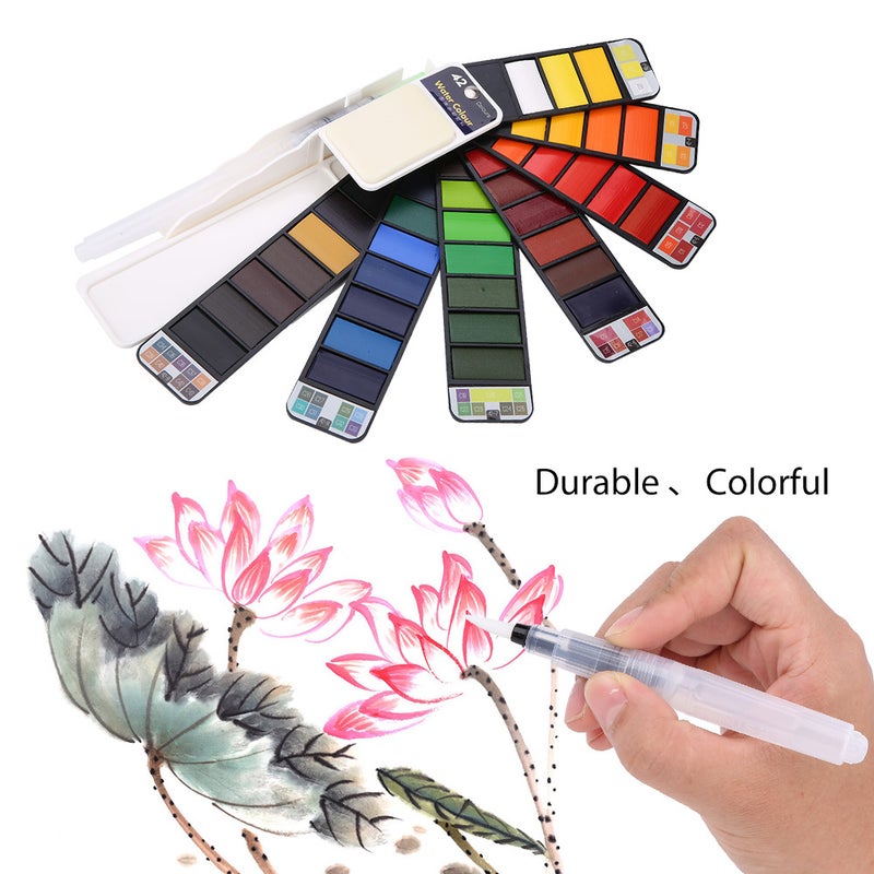 Fan Shaped Pigment Painting Set Solid Watercolor with Drawing Dip Pen Foldable Suit (42 Colors) - Image 2