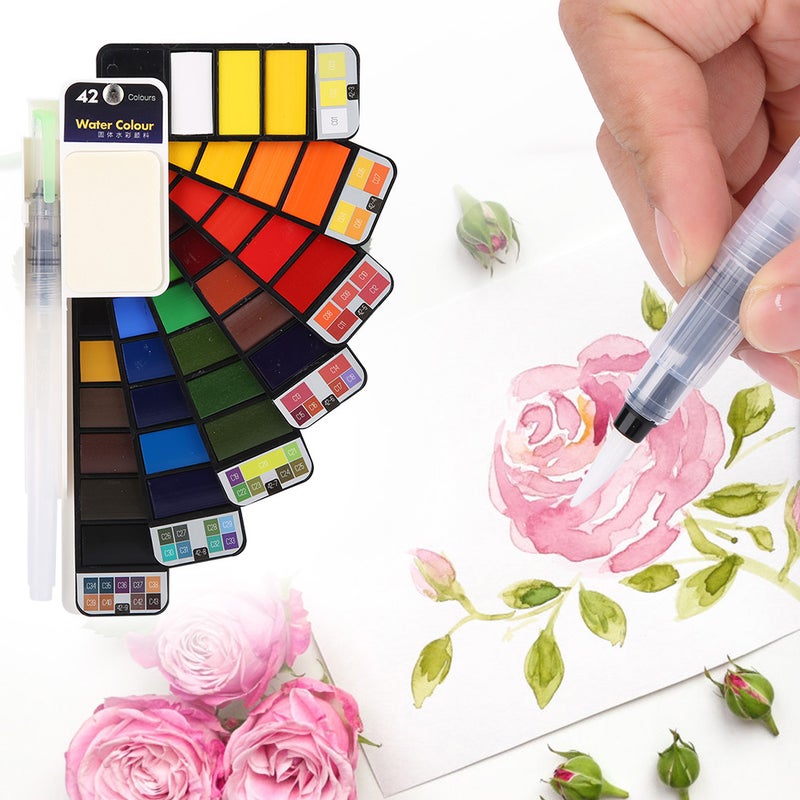 Fan Shaped Pigment Painting Set Solid Watercolor with Drawing Dip Pen Foldable Suit (42 Colors) - Image 4