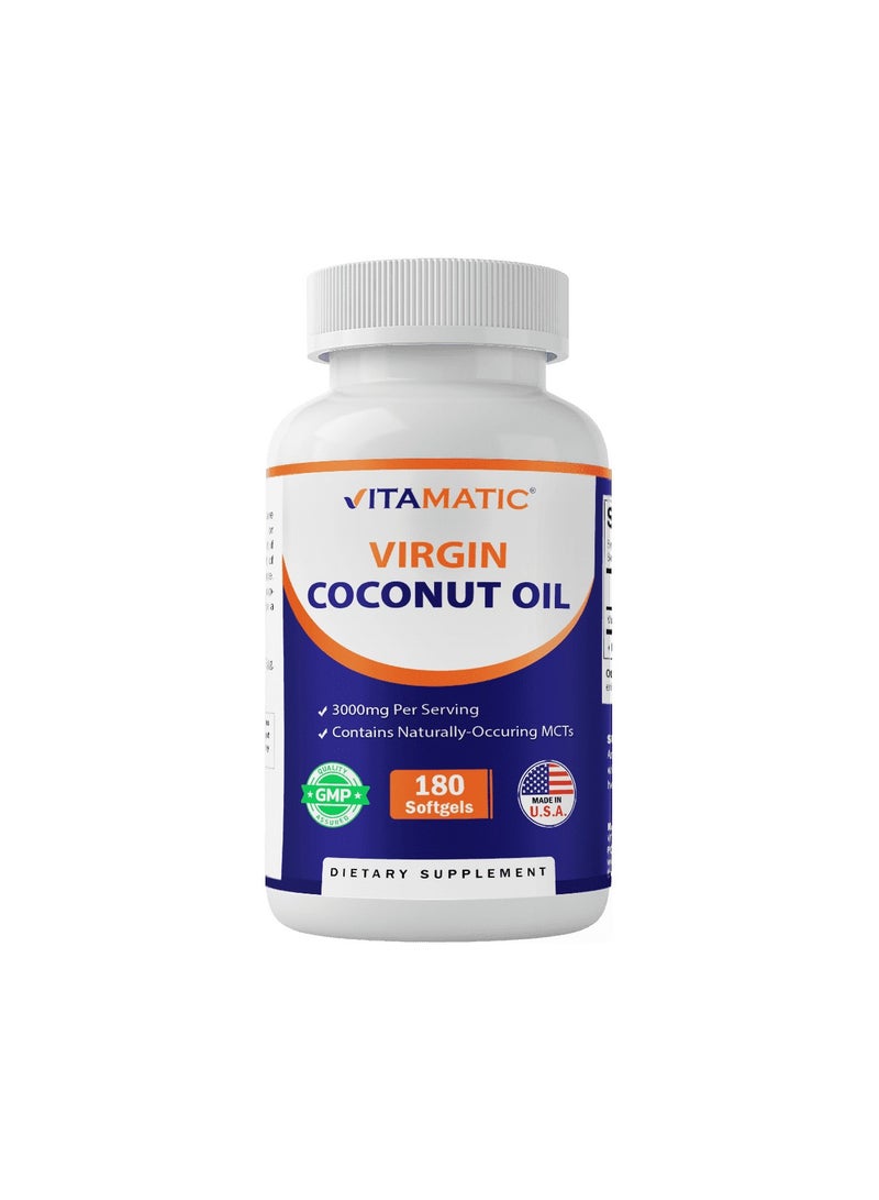 Vitamatic Virgin Coconut Oil Softgels, 3000 mg Per Serving, 60 Servings, 180 Count, Non-GMO, Gluten Free
