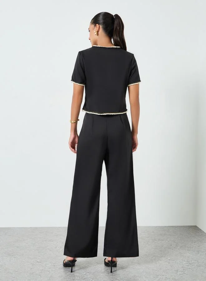 Take Two  Black Button Front Contrast Piping Top and Straight Leg Pants Co-Ords for Women | Best Price UAE