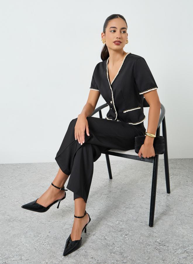 Take Two Black Button Front Contrast Piping Top and Straight Leg Pants Co-Ords - Image 1