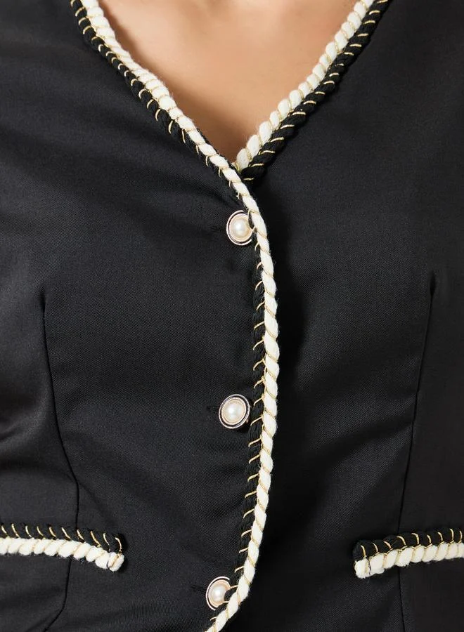Take Two  Black Button Front Contrast Piping Top and Straight Leg Pants Co-Ords for Women | Best Price UAE