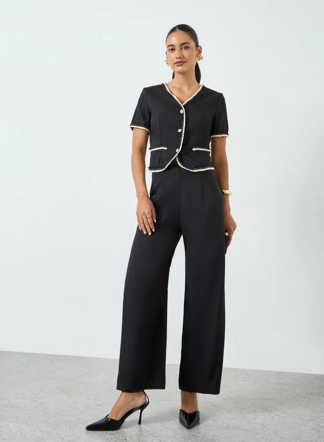 Take Two Black Button Front Contrast Piping Top and Straight Leg Pants Co-Ords