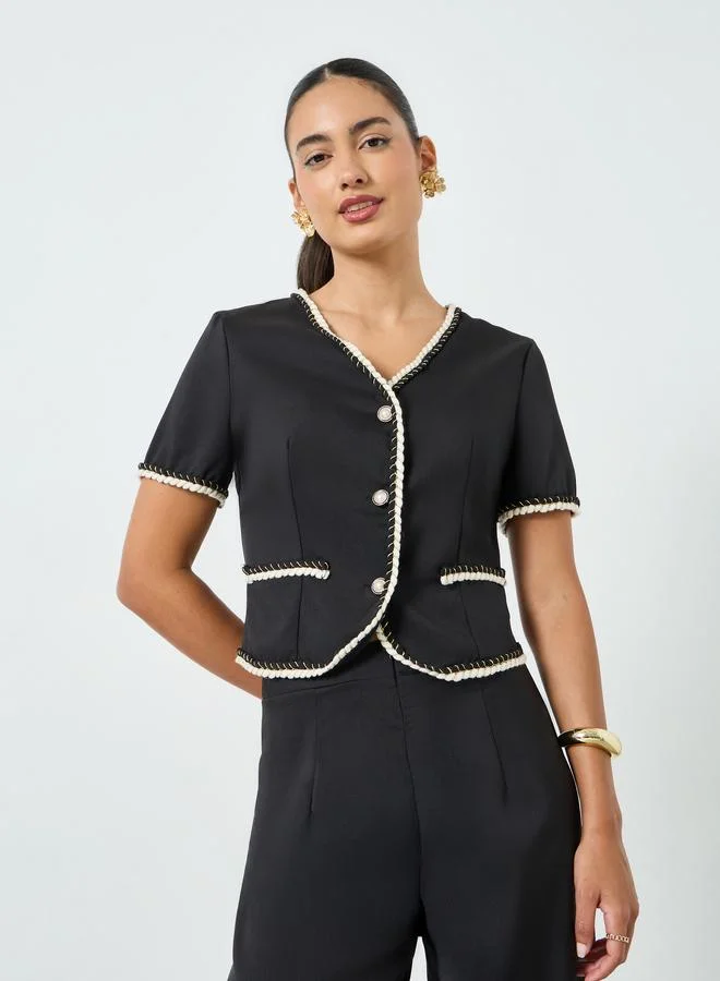 Take Two  Black Button Front Contrast Piping Top and Straight Leg Pants Co-Ords for Women | Best Price UAE