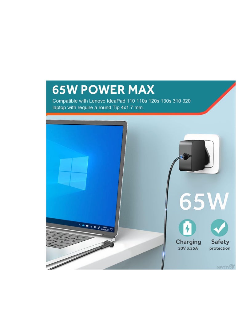 Terabyte شاحن محول تيار متردد 65 واط لجهاز Lenovo IdeaPad 330 330s 320 310 100 110 110S 120 120S 510 S340 S145 710S، Flex 3 4 5 6 كابل طاقة بقطر 4.0 * 1.7 مم - Image 2