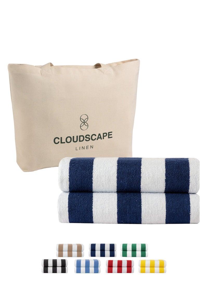 Cloud Scape Linen Cabana Stripe Beach Towel Set Pack of 2, Oversized Soft Cotton Towel, Perfect for Beach ,30x60, Blue  - Image 1