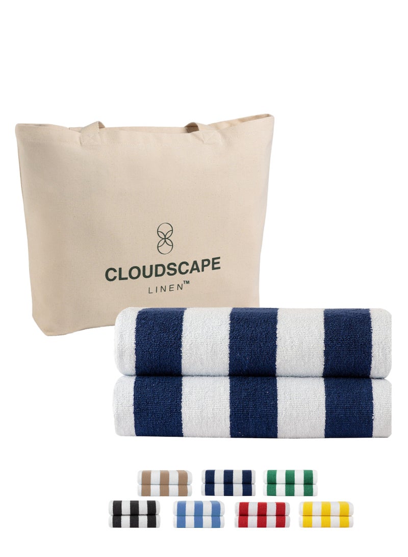 كلاود سكيب لينين Cabana Stripe Beach Towel Set Pack of 2, Oversized Soft Cotton Towel, Perfect for Beach ,30x60, Blue - Image 1