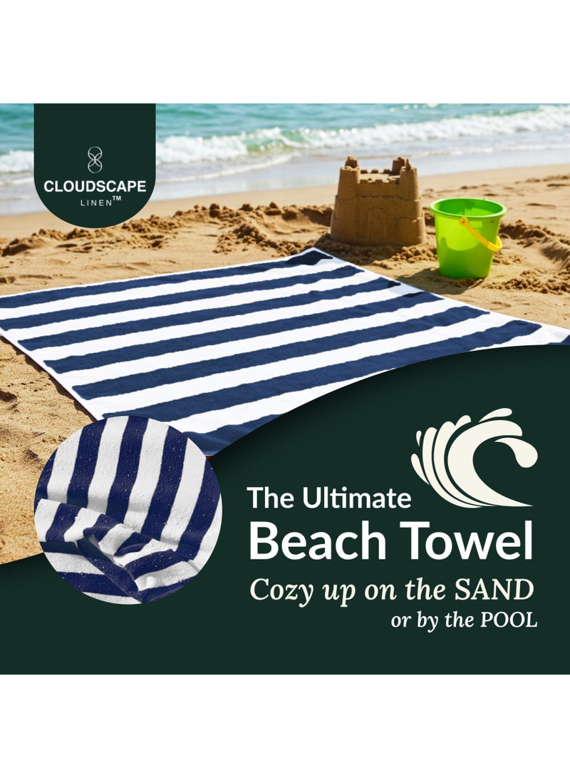 كلاود سكيب لينين Cabana Stripe Beach Towel Set Pack of 2, Oversized Soft Cotton Towel, Perfect for Beach ,30x60, Blue - Image 2
