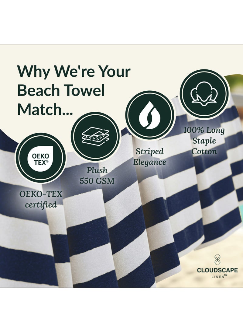 كلاود سكيب لينين Cabana Stripe Beach Towel Set Pack of 2, Oversized Soft Cotton Towel, Perfect for Beach ,30x60, Blue - Image 4