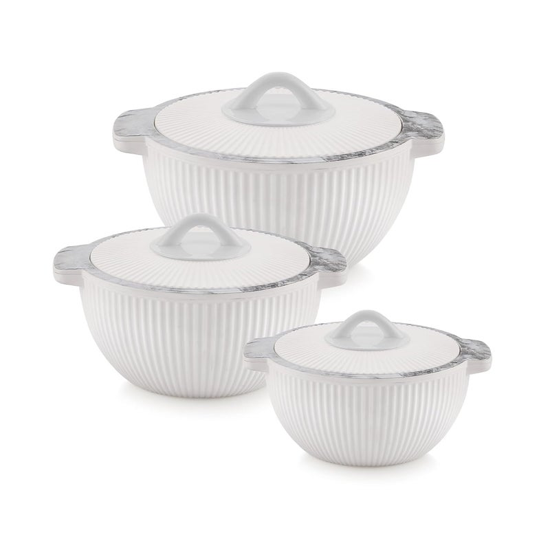 Liza طقم لiza كريما من 3 قدرات داخلية معزولة من الفولاذ المقاوم للصدأ مع غطاء ومقبض | وعاء روتي شاباتي الساخن للمطبخ والمنزل | وعاء تقديم مع غطاء (740 مل + 1450 مل + 2300 مل (أبيض)  - Image 1