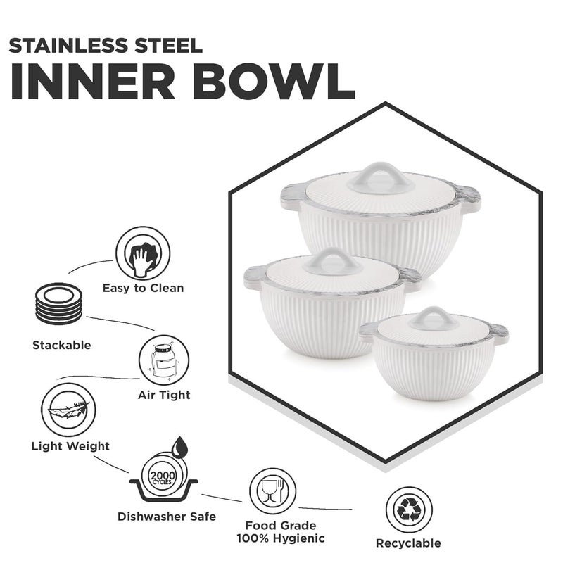 Liza طقم لiza كريما من 3 قدرات داخلية معزولة من الفولاذ المقاوم للصدأ مع غطاء ومقبض | وعاء روتي شاباتي الساخن للمطبخ والمنزل | وعاء تقديم مع غطاء (740 مل + 1450 مل + 2300 مل (أبيض)  - Image 3