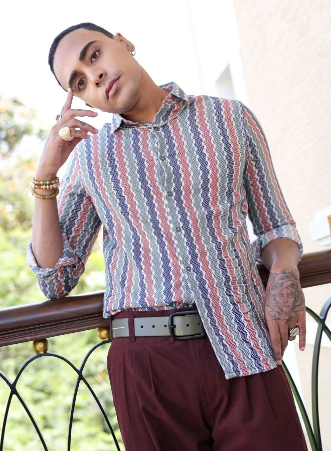 شركة المرآب الهندية Men Slim Fit Geometric Printed Full Sleeves Cutaway Collar Resort Wear Shirt