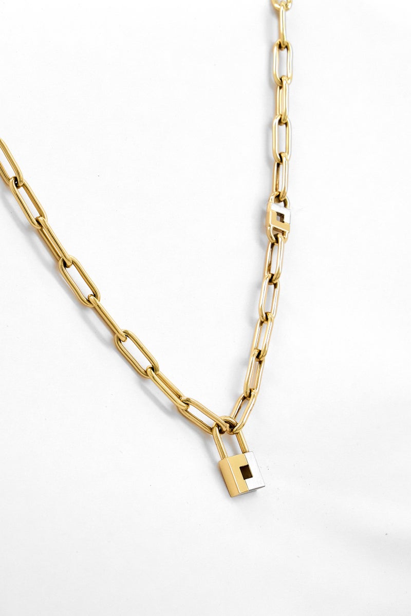 LACOSTE Women Gold Plated Lock Pendant Chain Necklace, Gold  - Image 1