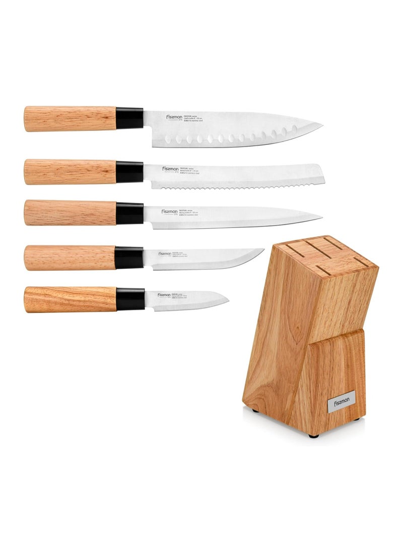 6-Piece Kitchen Knife Set with Wooden Block, Stainless Steel  Pascual Series Chef Knife, Slicing Knife, Bread Knife, Utility Knife, Paring Knife - pzsku/ZBF1CB003B9F0E1BEEDF2Z/45/_/1724754066/2fb91504-8a95-4154-8c10-57289f83dd0c