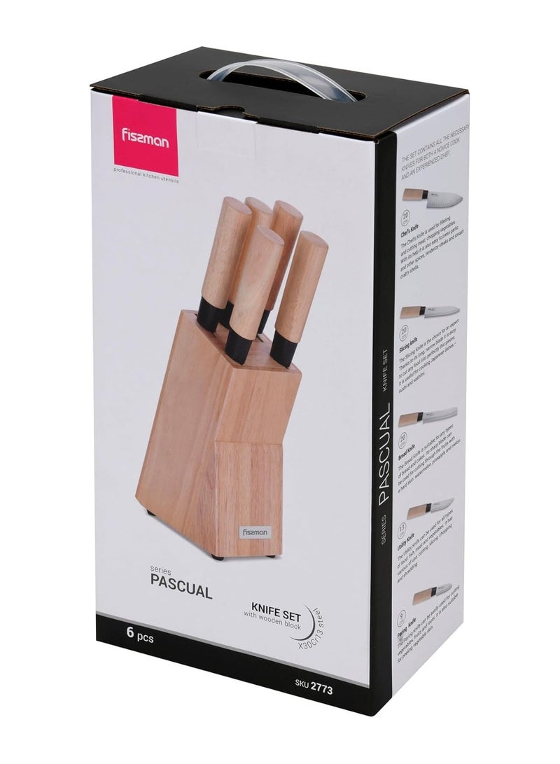 Fissman طقم سكاكين مطبخ مكون من 6 قطع مع كتلة خشبية، سكين شيف من سلسلة باسكوال، سكين تقطيع، سكين خبز، سكين متعددة الاستخدامات، سكين تقشير - Image 5
