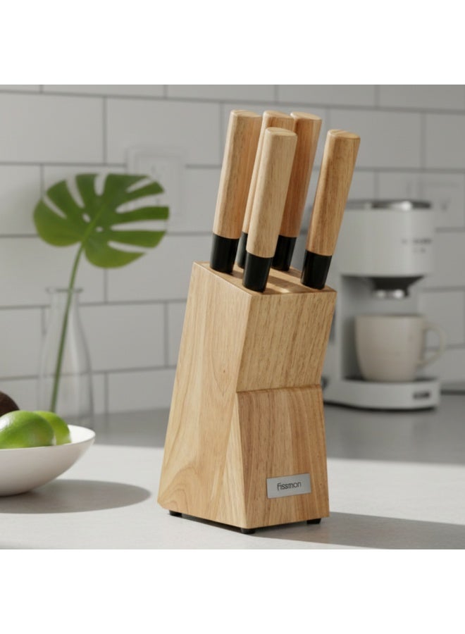 Fissman طقم سكاكين مطبخ مكون من 6 قطع مع كتلة خشبية، سكين شيف من سلسلة باسكوال، سكين تقطيع، سكين خبز، سكين متعددة الاستخدامات، سكين تقشير - Image 1