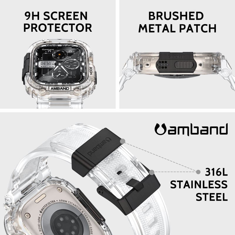amBand Bands Case Screen Protector Compatible with Apple Watch Ultra 3/2/1 49mm, M1 Sport Series Rugged Cover Strap and 9H Tempered Glass Film, Military Protective Bumper for iWatch 49 mm Men Clear - Image 3