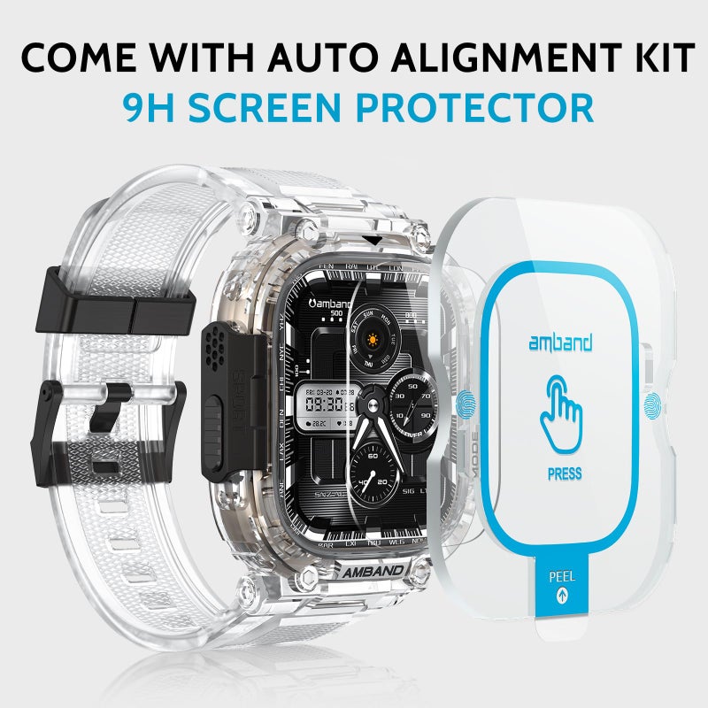 amBand Bands Case Screen Protector Compatible with Apple Watch Ultra 3/2/1 49mm, M1 Sport Series Rugged Cover Strap and 9H Tempered Glass Film, Military Protective Bumper for iWatch 49 mm Men Clear - Image 2