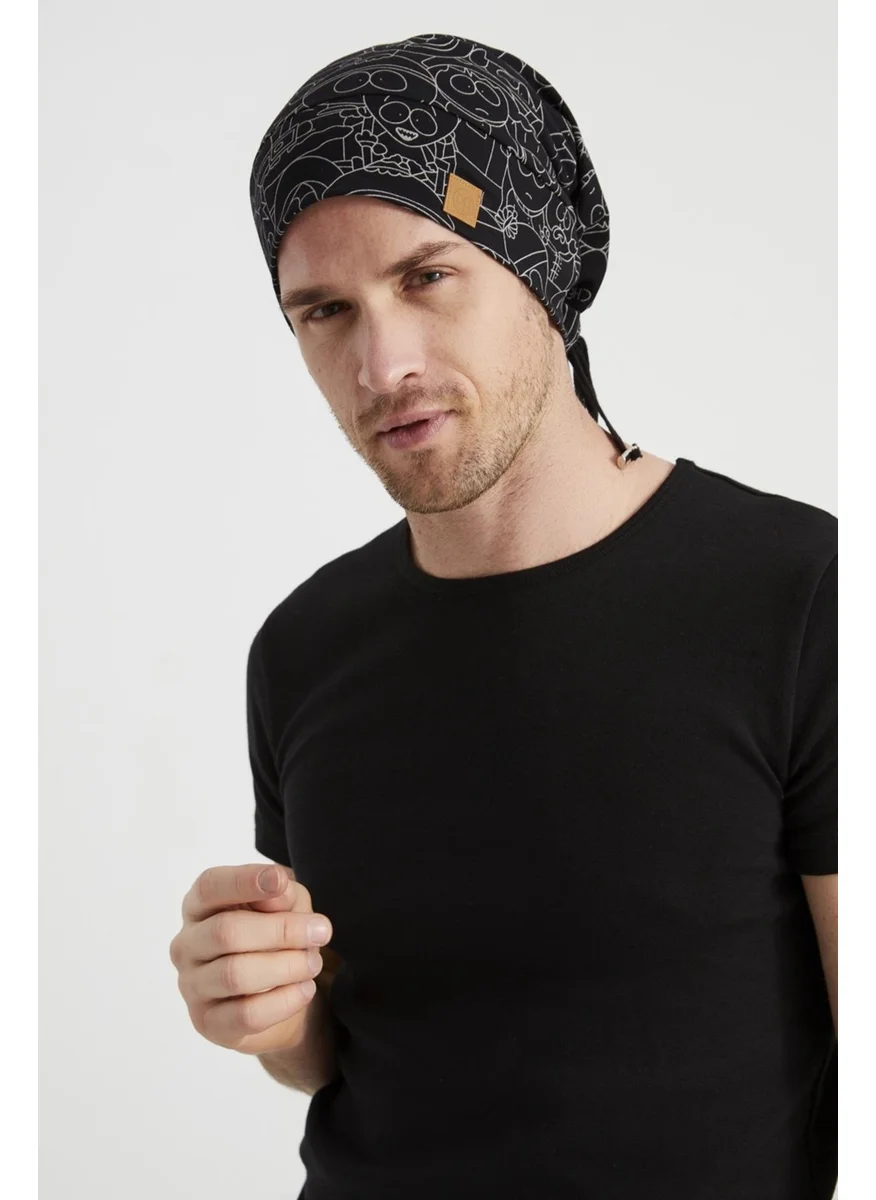 Butikgiz Men's Black and White Patterned Yarn 4 Season Hat Beanie Buff Ultra Soft Combed Cotton
