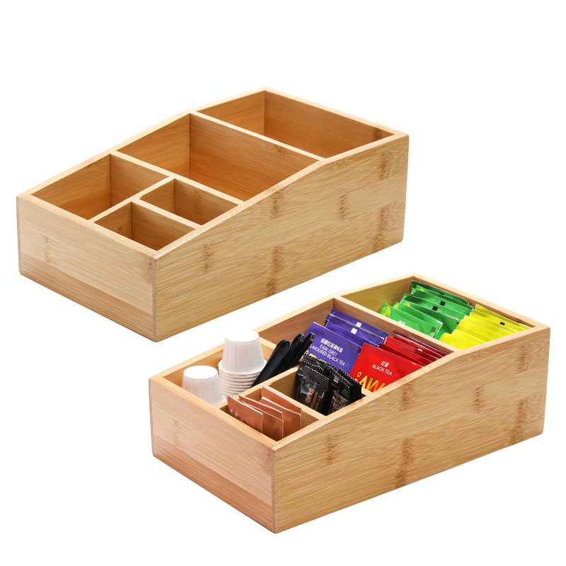 Dicunoy Dicunoy 2 Pack Bamboo Tea Bags Organizer Wood Coffee Supplies Holder Box Coffee Condiment Station Storage with 5 Compartments for Sugar Packet Stirrer Creamer Singles Sweetener 