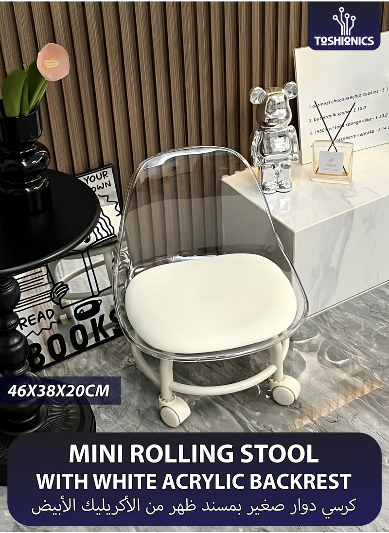 Toshionics Low Rolling Stool with Transparent White Acrylic Backrest 360° Rotating Wheels for Indoor and Outdoor Use Multipurpose for Picnic Salon Gardening Ideal for Kids & Adults Small Chair with Soft Cushion Baby Toddler Feeding Chair  - Image 1