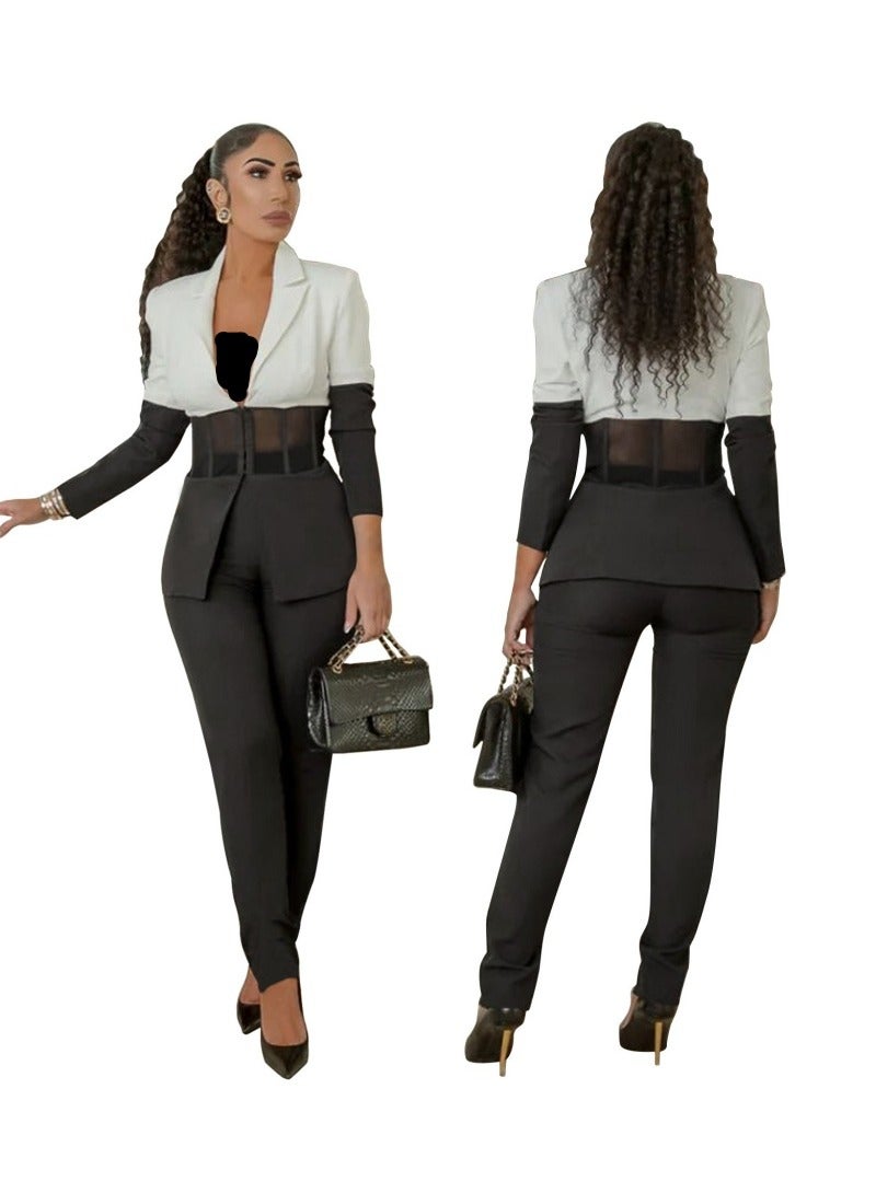 Shougu Color Blocking Splicing Casual Suit Two-piece Set - Image 4