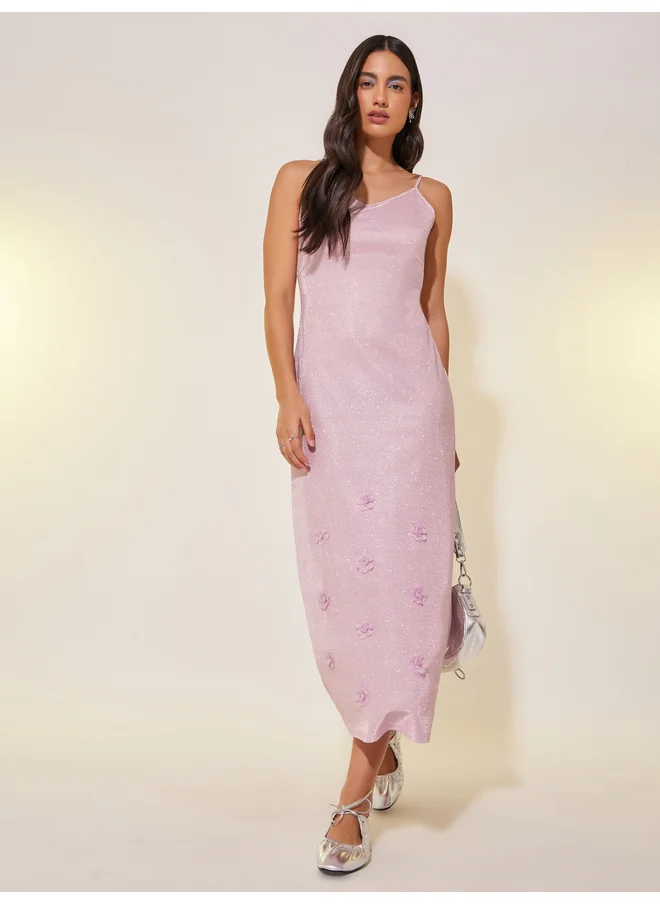 تايك تو Take Two Metallic Strappy Sheath Midi Dress with Corsage Detail