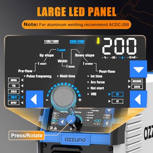 AZZUNO 200A TIG Welder With Pulse Cold, 5-in-1 DC HF TIG/PULSE TIG/COLD/SPOT TIG/STICK, 110V&220V Dual Voltage TIG Welding Machine with Large LED Display - Image 4